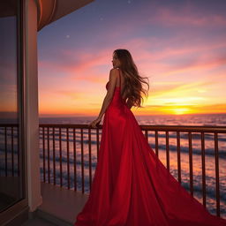 a beautiful woman with long flowing hair, wearing a stunning red evening gown that flows elegantly to the floor, standing on a balcony overlooking a vibrant sunset over the ocean, soft waves crashing against the shore, embellished with gentle golden hues, the scene embellished with twinkling stars beginning to appear in the twilight sky, exuding a sense of allure and elegance
