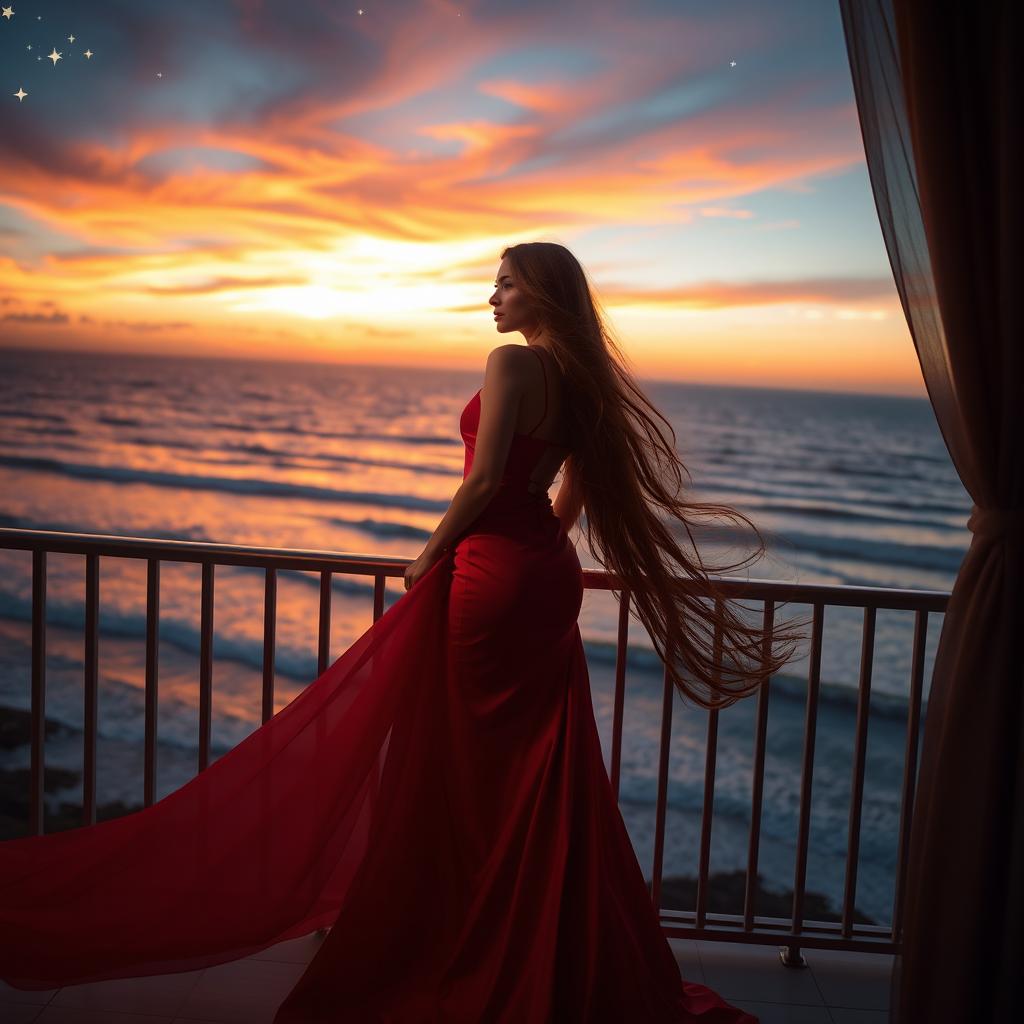 a beautiful woman with long flowing hair, wearing a stunning red evening gown that flows elegantly to the floor, standing on a balcony overlooking a vibrant sunset over the ocean, soft waves crashing against the shore, embellished with gentle golden hues, the scene embellished with twinkling stars beginning to appear in the twilight sky, exuding a sense of allure and elegance