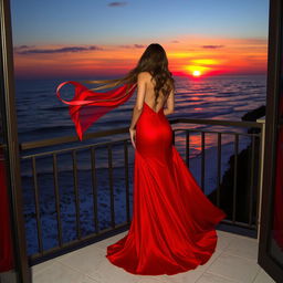 a beautiful woman with long flowing hair, wearing a stunning red evening gown that flows elegantly to the floor, standing on a balcony overlooking a vibrant sunset over the ocean, soft waves crashing against the shore, embellished with gentle golden hues, the scene embellished with twinkling stars beginning to appear in the twilight sky, exuding a sense of allure and elegance