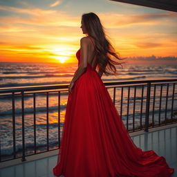 a beautiful woman with long flowing hair, wearing a stunning red evening gown that flows elegantly to the floor, standing on a balcony overlooking a vibrant sunset over the ocean, soft waves crashing against the shore, embellished with gentle golden hues, the scene embellished with twinkling stars beginning to appear in the twilight sky, exuding a sense of allure and elegance