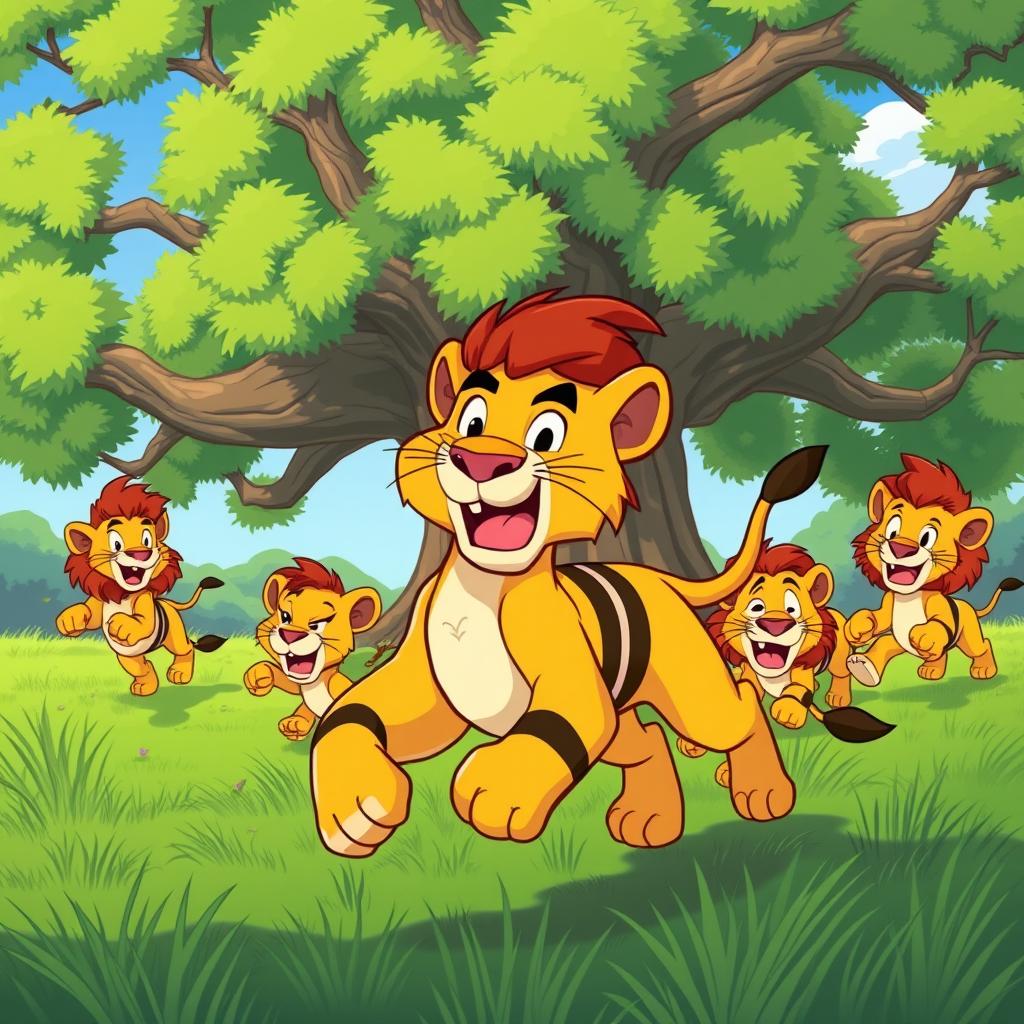 A colorful cartoon scene depicting a banded lion running away with a look of determination on its face