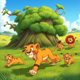 A colorful cartoon scene depicting a banded lion running away with a look of determination on its face