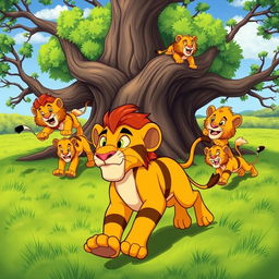 A colorful cartoon scene depicting a banded lion running away with a look of determination on its face