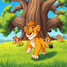 A colorful cartoon scene depicting a banded lion running away with a look of determination on its face