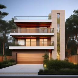 Design a beautifully crafted, modern three-story building measuring 100ft x 30ft. The design includes a right-side garage with an interior staircase.