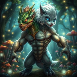 A fantastical creature featuring two distinct heads emerging from a single, muscular body