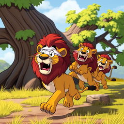 A playful cartoon scene featuring a bandaged lion running away with an exaggerated expression of surprise