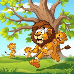 A playful cartoon scene featuring a bandaged lion running away with an exaggerated expression of surprise