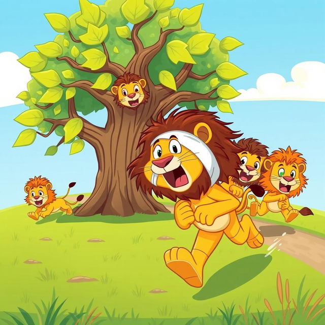 A playful cartoon scene featuring a bandaged lion running away with an exaggerated expression of surprise