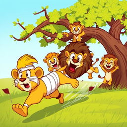 A playful cartoon scene featuring a bandaged lion running away with an exaggerated expression of surprise