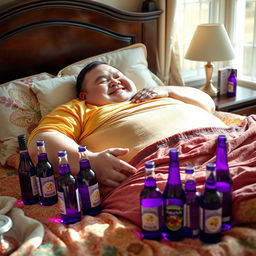 A very fat man peacefully sleeping on a large, cozy bed with colorful bedding