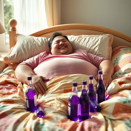 A very fat man peacefully sleeping on a large, cozy bed with colorful bedding