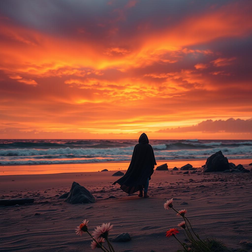 A poignant book cover that conveys the deep sorrow of loss, featuring a solitary figure standing on a desolate beach at sunset