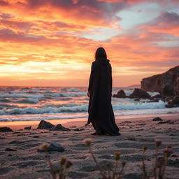 A poignant book cover that conveys the deep sorrow of loss, featuring a solitary figure standing on a desolate beach at sunset