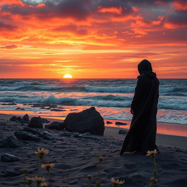 A poignant book cover that conveys the deep sorrow of loss, featuring a solitary figure standing on a desolate beach at sunset