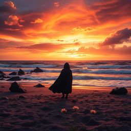A poignant book cover that conveys the deep sorrow of loss, featuring a solitary figure standing on a desolate beach at sunset