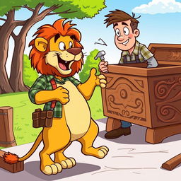 A cartoon-style illustration of a lion standing on its hind legs, animatedly talking to a carpenter
