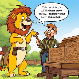 A cartoon-style illustration of a lion standing on its hind legs, animatedly talking to a carpenter