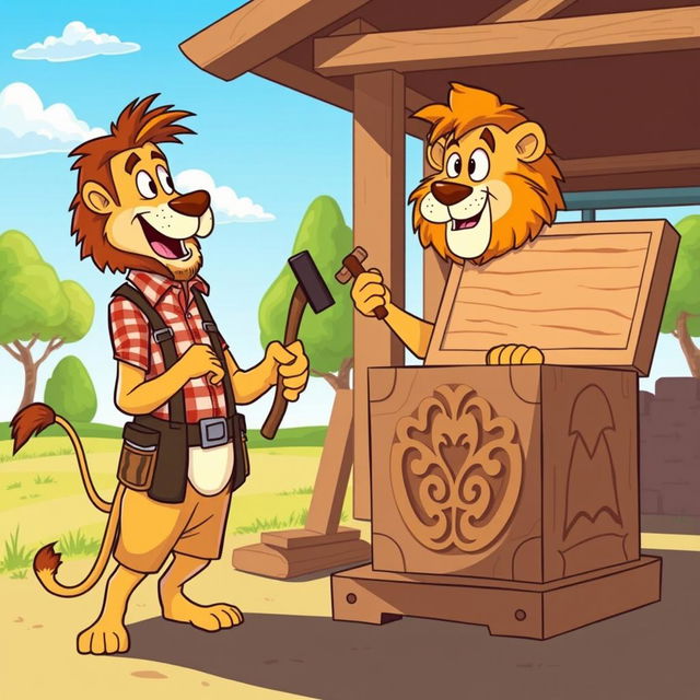 A cartoon-style illustration of a lion standing on its hind legs, animatedly talking to a carpenter