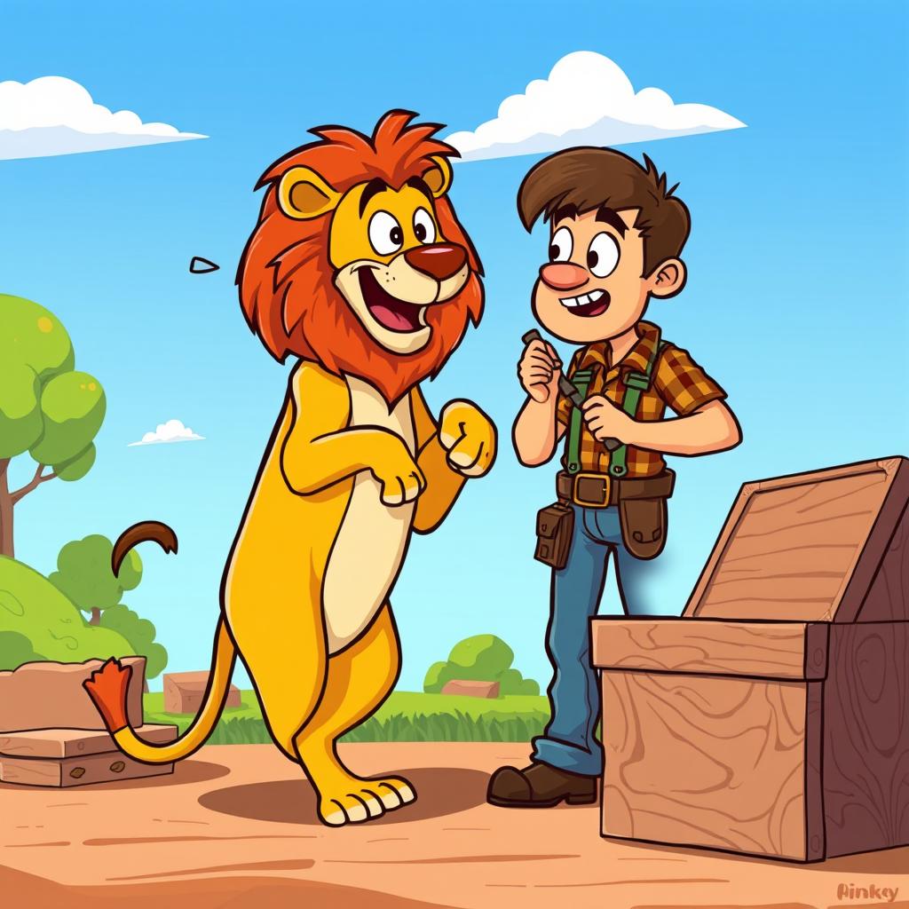 A cartoon-style illustration of a lion standing on its hind legs, animatedly talking to a carpenter