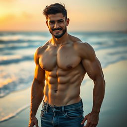 A handsome muscular man showcasing an impressive six-pack abs, standing confidently with a slight smile