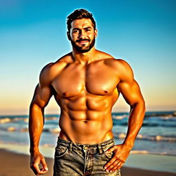 A handsome muscular man showcasing an impressive six-pack abs, standing confidently with a slight smile