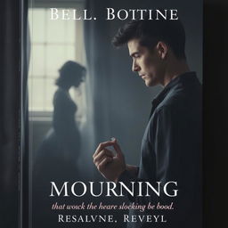 A book cover depicting a somber atmosphere of mourning, featuring a heartbroken man standing alone in a dimly lit setting, with a soft focus on his face reflecting sorrow and longing