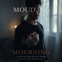 A book cover depicting a somber atmosphere of mourning, featuring a heartbroken man standing alone in a dimly lit setting, with a soft focus on his face reflecting sorrow and longing