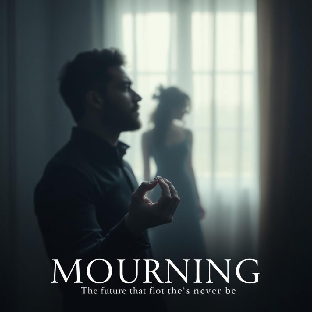 A book cover depicting a somber atmosphere of mourning, featuring a heartbroken man standing alone in a dimly lit setting, with a soft focus on his face reflecting sorrow and longing