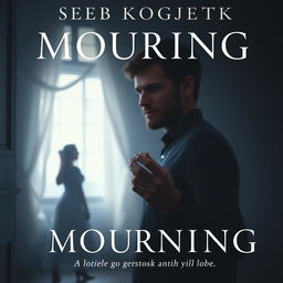 A book cover depicting a somber atmosphere of mourning, featuring a heartbroken man standing alone in a dimly lit setting, with a soft focus on his face reflecting sorrow and longing