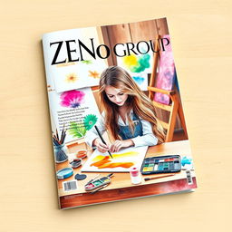 A magazine design featuring a girl painting with watercolors