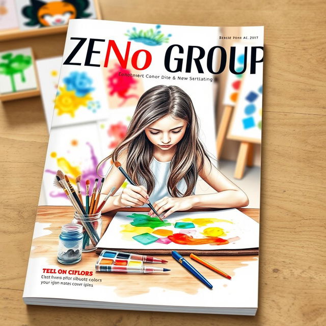 A magazine design featuring a girl painting with watercolors