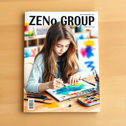 A magazine design featuring a girl painting with watercolors