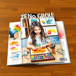 A magazine design featuring a girl painting with watercolors