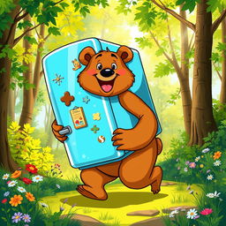 A cartoonish bear joyfully carrying a large, colorful refrigerator on its back, surrounded by a vibrant forest with lush green trees and wildflowers