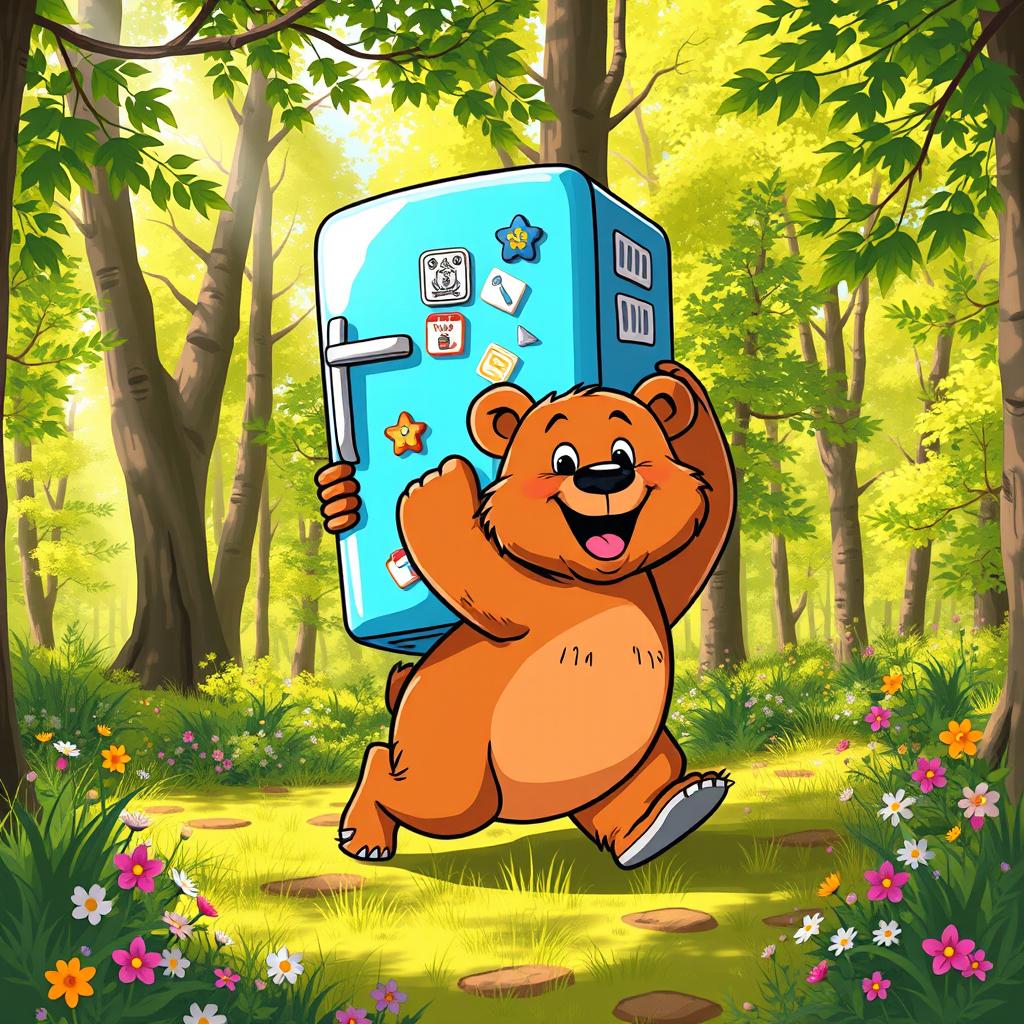 A cartoonish bear joyfully carrying a large, colorful refrigerator on its back, surrounded by a vibrant forest with lush green trees and wildflowers