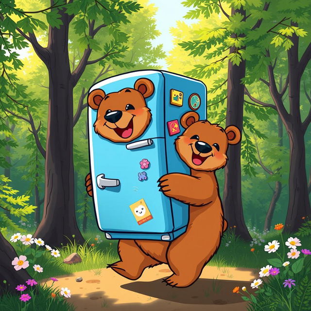 A cartoonish bear joyfully carrying a large, colorful refrigerator on its back, surrounded by a vibrant forest with lush green trees and wildflowers