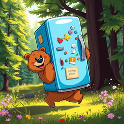 A cartoonish bear joyfully carrying a large, colorful refrigerator on its back, surrounded by a vibrant forest with lush green trees and wildflowers