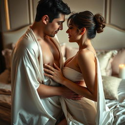 A sensual scene of two adult figures engaged in an intimate moment, focusing on the connection and chemistry between them