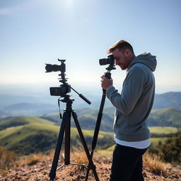 A skilled photographer in an ethereal environment, capturing stunning images in a realm of shadowless light