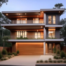 Design a beautifully crafted, modern three-story building measuring 100ft x 30ft. The design includes a right-side garage with an interior staircase.