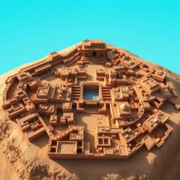 A highly detailed and accurate 3D model representation of Mohenjo-daro, showcasing its ancient urban layout, featuring the Great Bath at the center, residential buildings, drainage systems, and the intricate street patterns typical of the Indus Valley Civilization