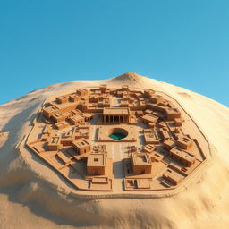 A highly detailed and accurate 3D model representation of Mohenjo-daro, showcasing its ancient urban layout, featuring the Great Bath at the center, residential buildings, drainage systems, and the intricate street patterns typical of the Indus Valley Civilization