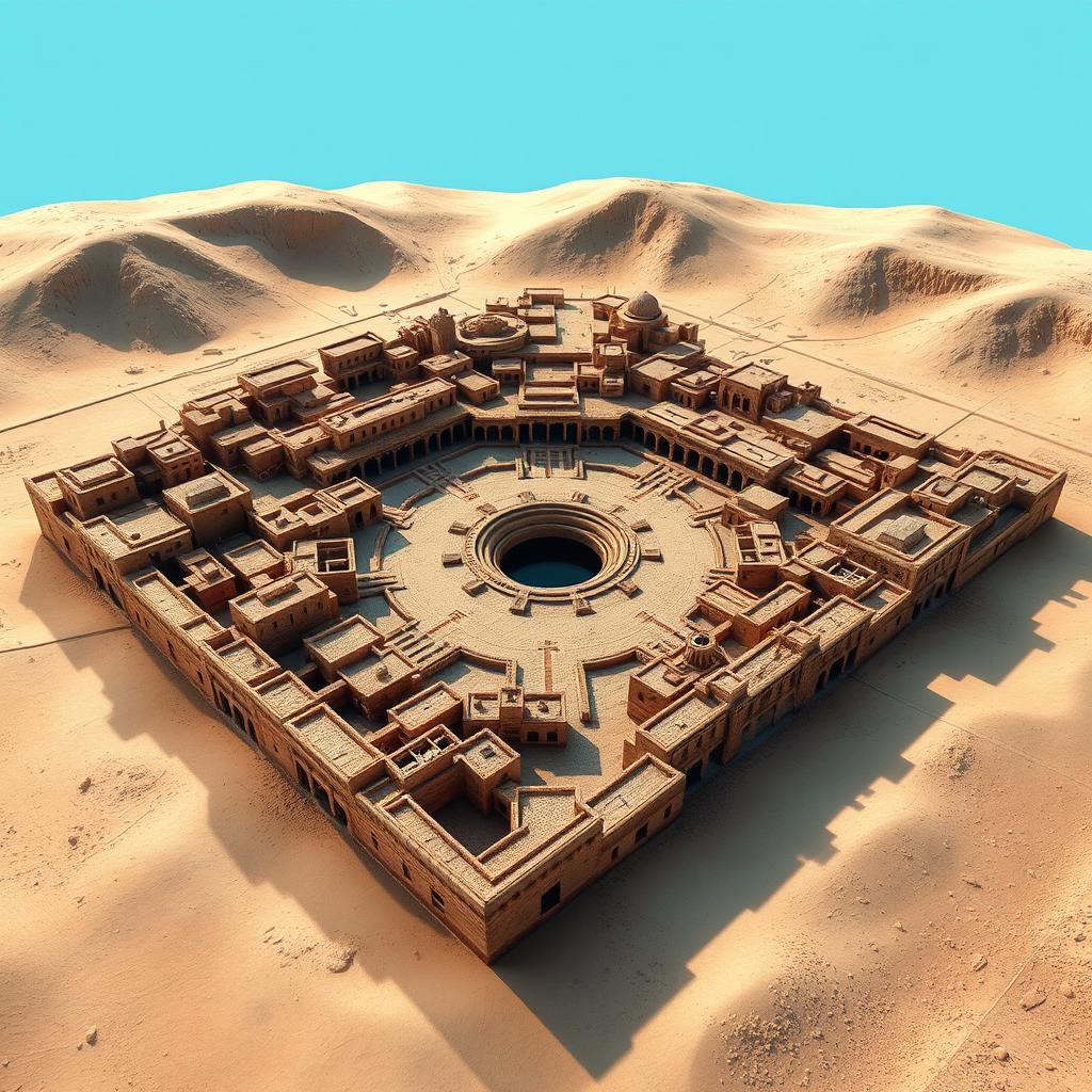 A highly detailed and accurate 3D model representation of Mohenjo-daro, showcasing its ancient urban layout, featuring the Great Bath at the center, residential buildings, drainage systems, and the intricate street patterns typical of the Indus Valley Civilization