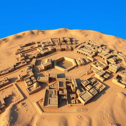 A highly detailed and accurate 3D model representation of Mohenjo-daro, showcasing its ancient urban layout, featuring the Great Bath at the center, residential buildings, drainage systems, and the intricate street patterns typical of the Indus Valley Civilization