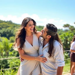 A candid and joyful moment of Sunny Leone with her husband, Danial Weber, in a picturesque outdoor setting during a sunny day