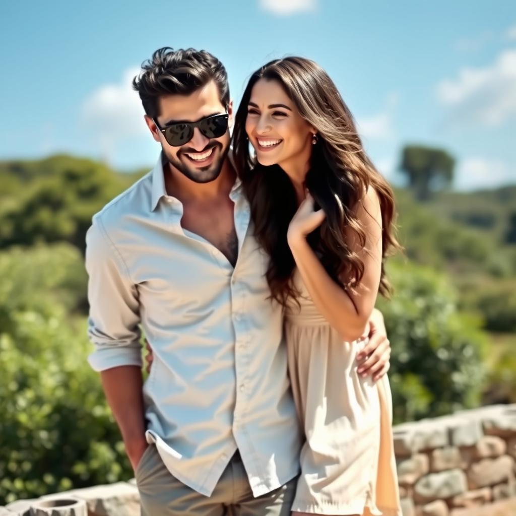 A candid and joyful moment of Sunny Leone with her husband, Danial Weber, in a picturesque outdoor setting during a sunny day