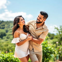 A candid and joyful moment of Sunny Leone with her husband, Danial Weber, in a picturesque outdoor setting during a sunny day