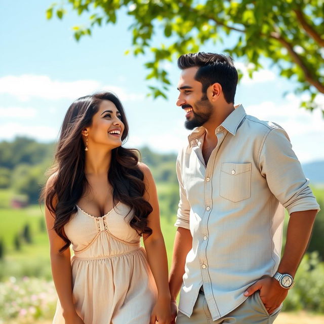 A candid and joyful moment of Sunny Leone with her husband, Danial Weber, in a picturesque outdoor setting during a sunny day