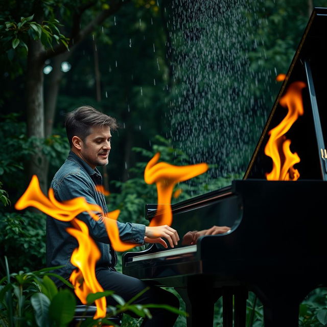 A man passionately playing a grand piano in a lush forest setting